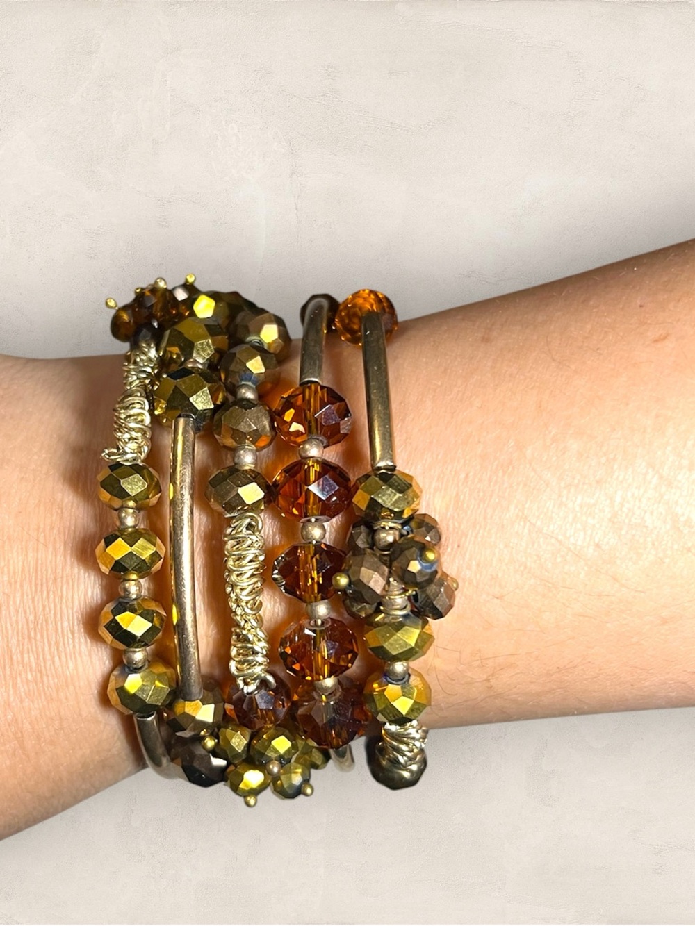 Gold and Amber Tone Beaded Multi-Row Wire Wrap Bracelet